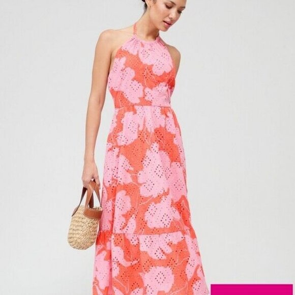 V by very Printed Embroidered Midi Dress Eyelet Halter New L 12 - Picture 1 of 1